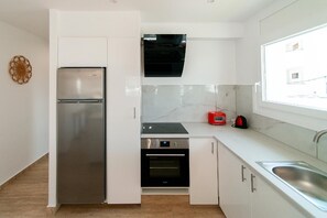 Fridge, oven, coffee/tea maker, toaster