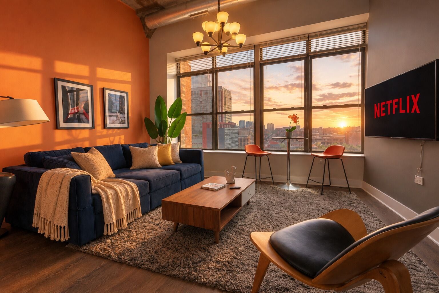 A modern living room with a sofa, coffee table, and chairs, a TV mounted on the wall, and a large window with a city view.