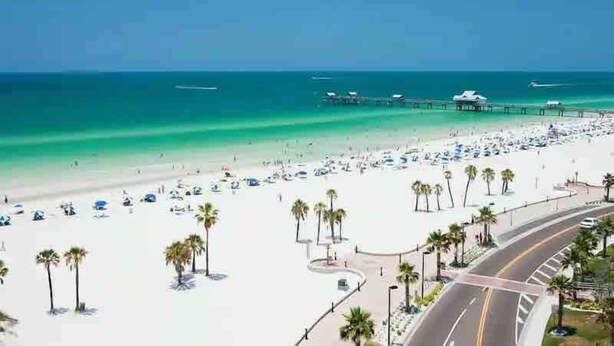 A beach with a pier, palm trees, and a road curving around the beach. - Right on Clearwater Beach! Corner Suite Waterview (Clearwater)