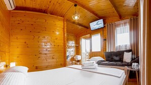 Una stanza in legno con un letto, una poltrona, una TV e una finestra con tende.