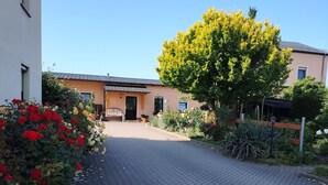 A paved driveway leading to a building with a door, surrounded by greenery and flowers.