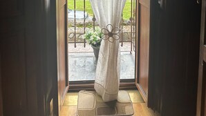 Una puerta con vista a un balcón, una planta en maceta y una reja de metal.