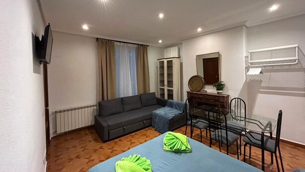 A hotel room with a bed, a sofa, a desk with a chair, a mirror, and a radiator.