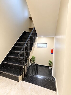 Un escalier avec des rampes noires et des marches en marbre menant à un palier où se trouvent un extincteur et un pot de fleurs.