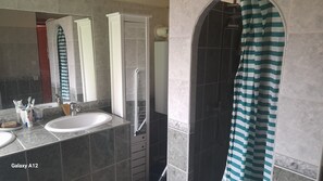 Hair dryer, towels, soap, toilet paper
