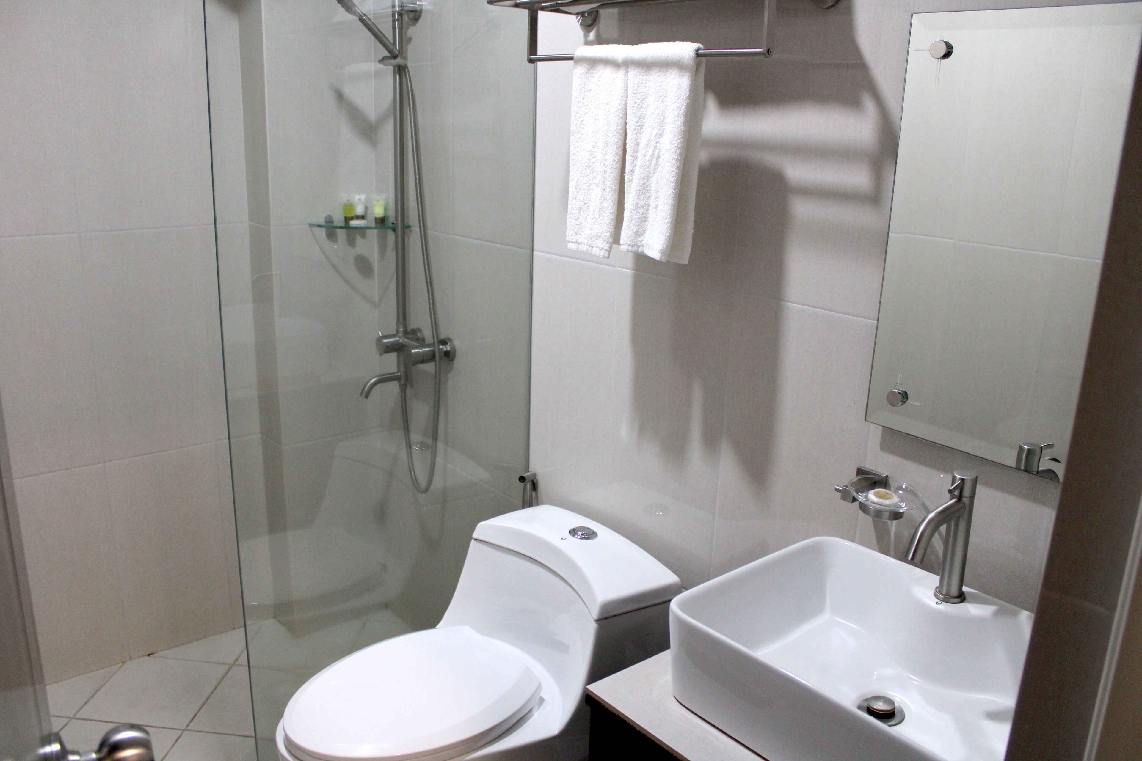 A modern bathroom with a glass-enclosed shower, a toilet, a sink, and a mirror.