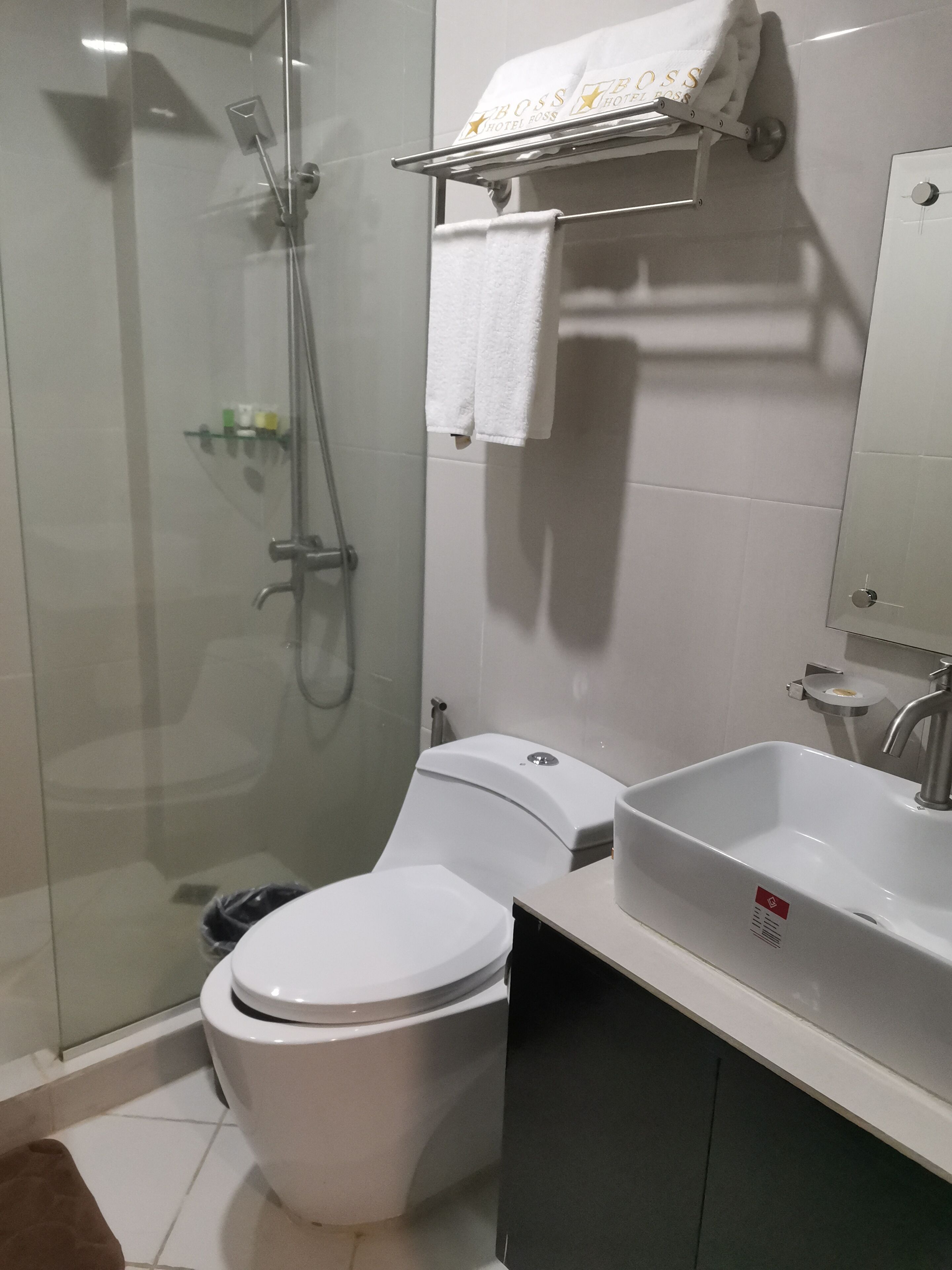 Un baño con inodoro, lavamanos y ducha.