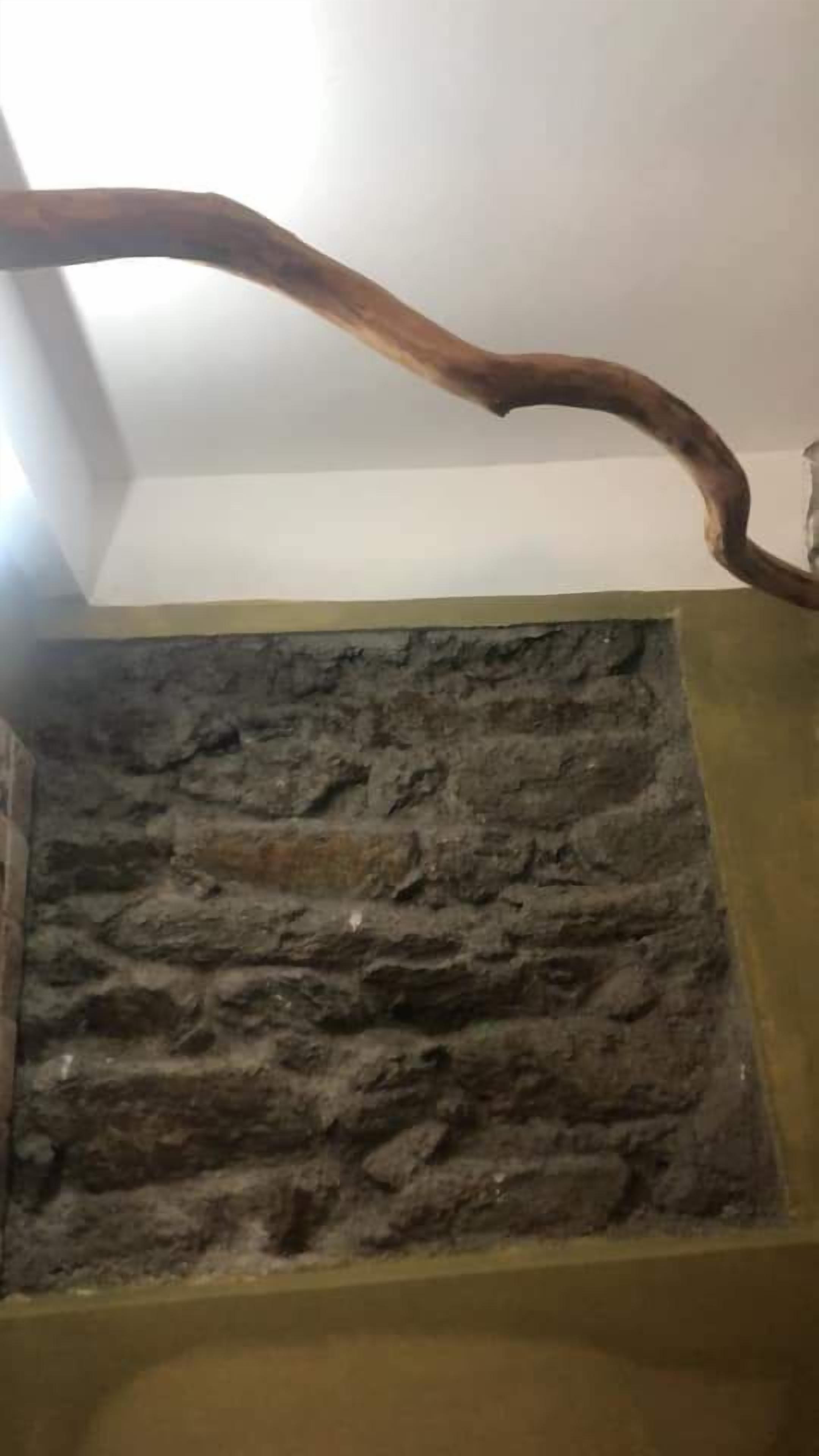 A stone wall with a wooden beam extending from the ceiling.