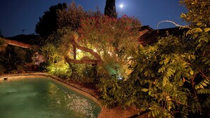 A nighttime view of a swimming pool surrounded by lush greenery and a tall building in the background.