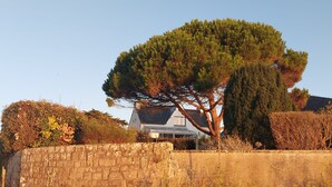 A stone wall with a house in the background.