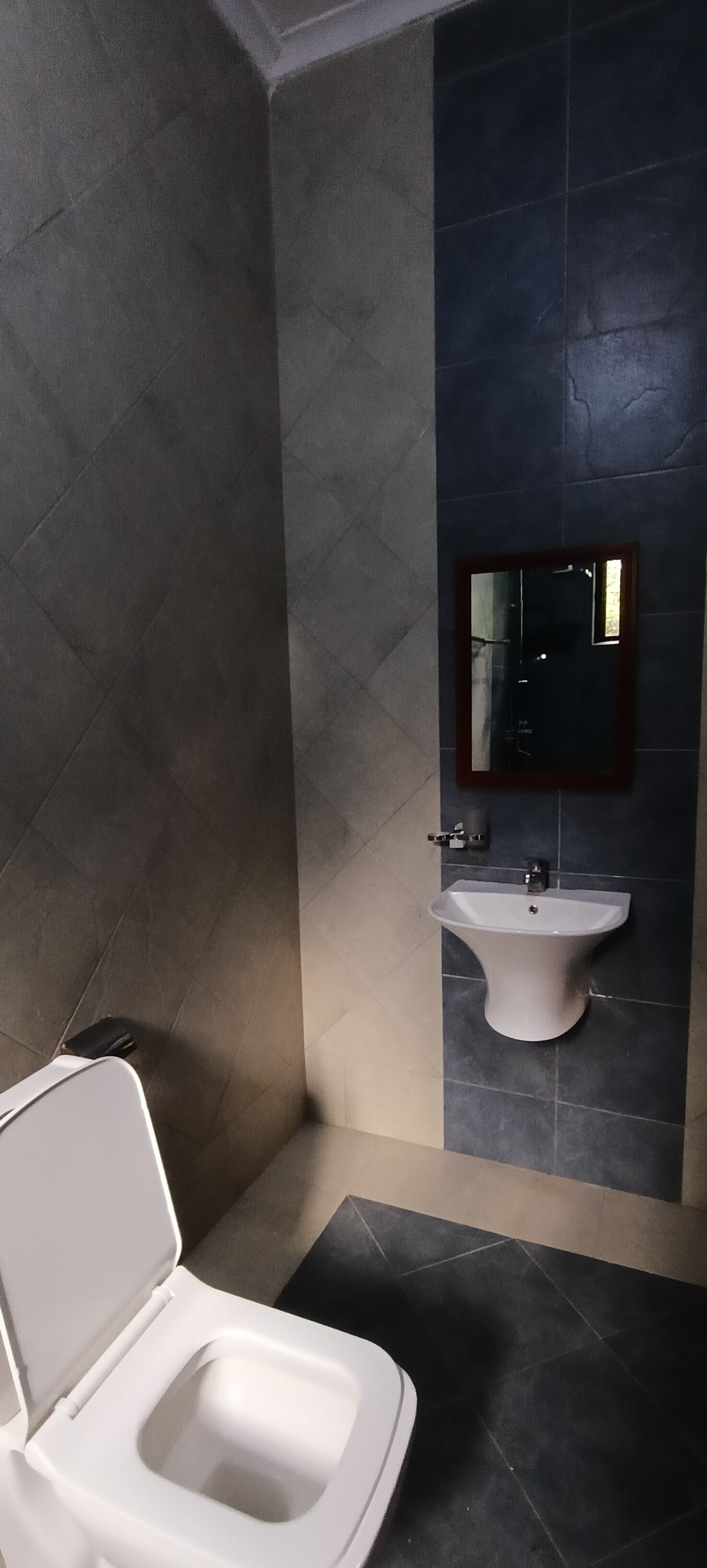 A bathroom with a toilet, a sink, and a mirror.