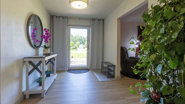 A hallway with a wooden floor, a console table with a mirror, and a potted plant.