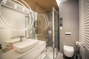 Shower, hair dryer, towels, shampoo