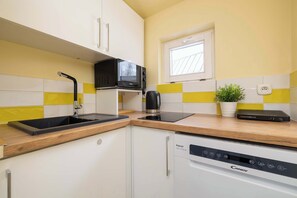 Fridge, microwave, stovetop, dishwasher