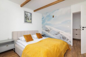 1 bedroom, desk, iron/ironing board, travel cot