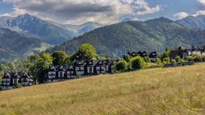 Une rangée de maisons traditionnelles, avec une chaîne de montagnes en arrière-plan.
