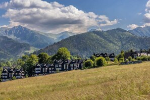 A row of traditional houses with a mountainous backdrop. - Mountain Apartment in Zakopane | Balcony and Parking (Zakopane)