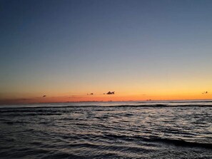Une scène de plage avec des vagues et un ciel dégagé.
