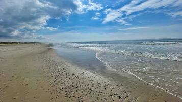 A beach with a wide sandy shore and gentle waves.