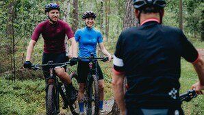 Drei Radfahrer auf einem Waldweg.