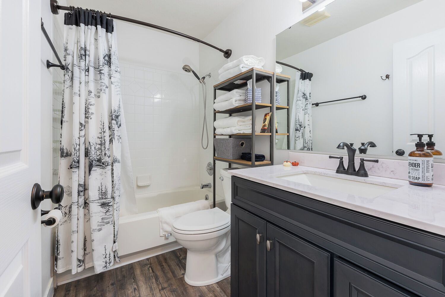 Hair dryer, towels, soap, toilet paper