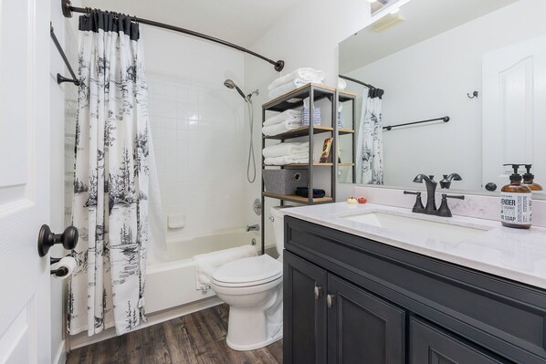 Hair dryer, towels, soap, toilet paper