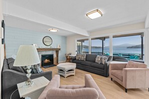 TV, fireplace, books