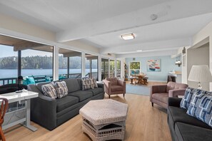 TV, fireplace, books