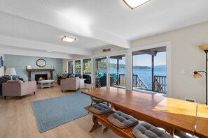 TV, fireplace, books