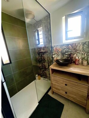 Shower, hair dryer, towels, soap