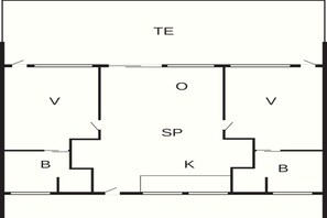 Ein Grundriss mit beschrifteten Räumen: TE, V, SP, B und K.