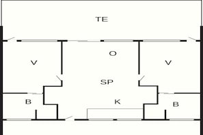 Ein Grundriss mit beschrifteten Räumen: TE, V, SP, B und K.