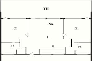Ein Grundriss mit beschrifteten Räumen TE, W, Z, B und K.