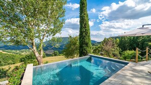 Una piscina infinita rectangular con agua azul cristalina, rodeada por una terraza de piedra, con vistas a un paisaje montañoso y árboles.