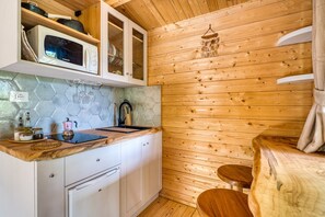 Kühlschrank, Mikrowelle, Herdplatte, Kochgeschirr/Geschirr/Besteck