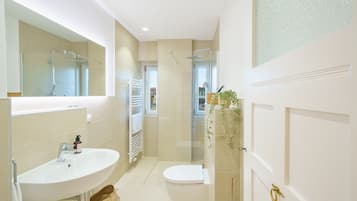 Dusche, Haartrockner, Handtücher, Seife