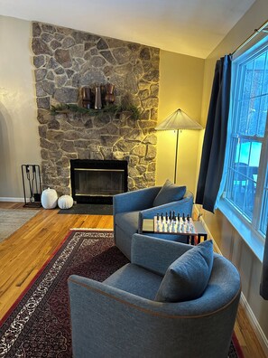 Smart TV, fireplace, video games, books