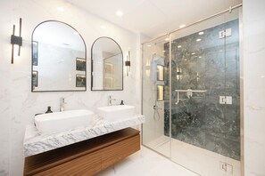 Hair dryer, towels, soap, shampoo