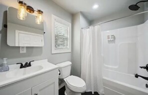Hair dryer, towels, soap, toilet paper