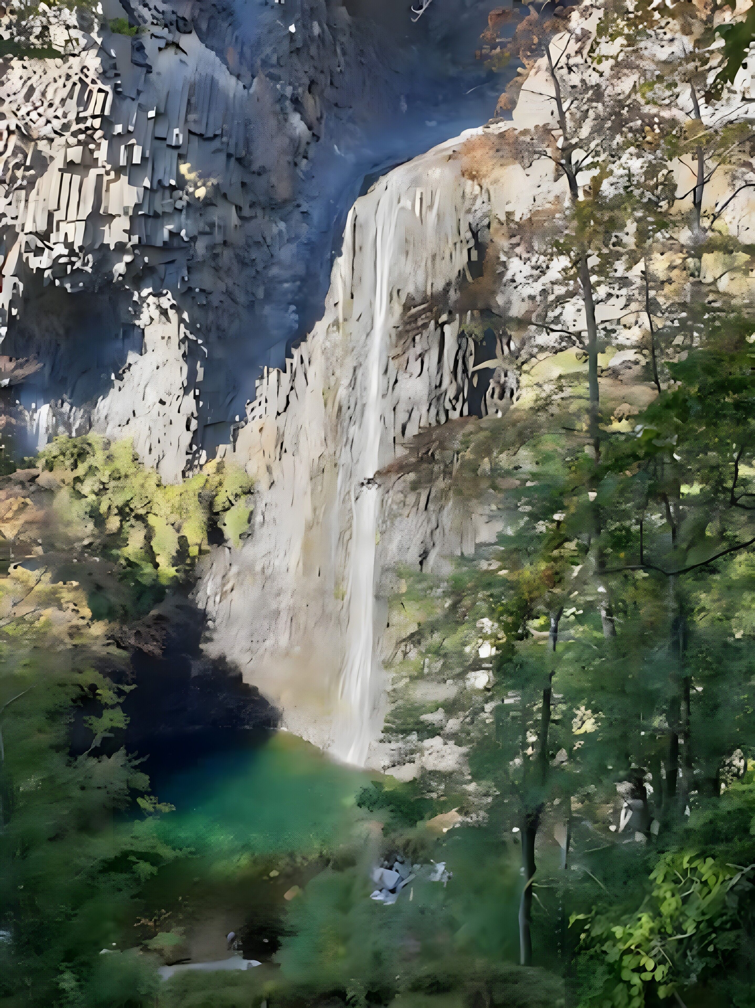 A waterfall cascading down a rocky cliff surrounded by dense forest.
