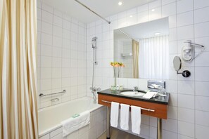 Hair dryer, towels, soap, shampoo