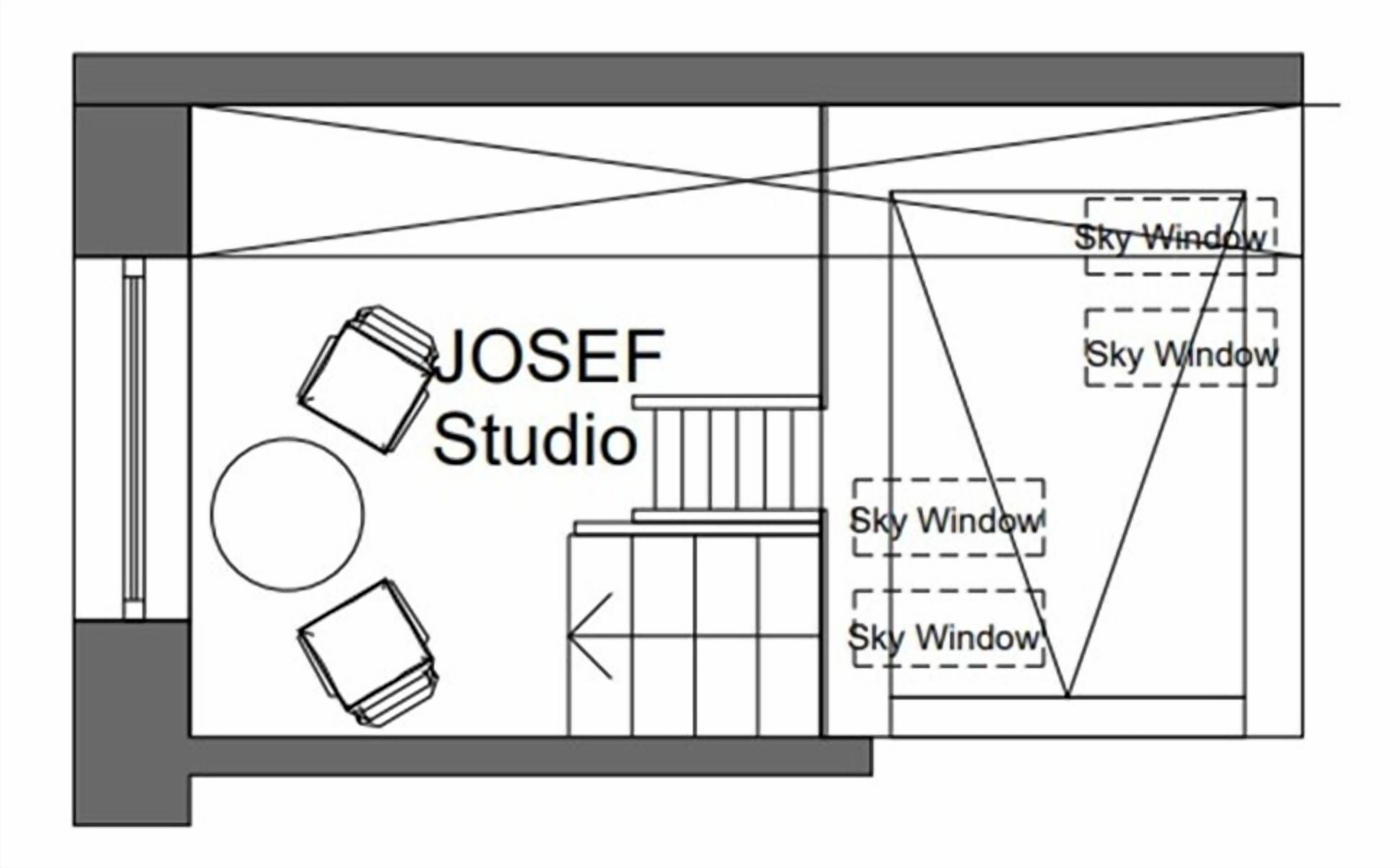 Ein Grundriss eines Studioapartments mit beschrifteten Bereichen namens 'Sky Window', einer Küchenzeile und einem Wohnbereich mit Sofa und Couchtisch.