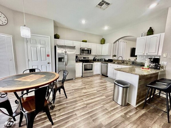 Fridge, microwave, oven, dishwasher