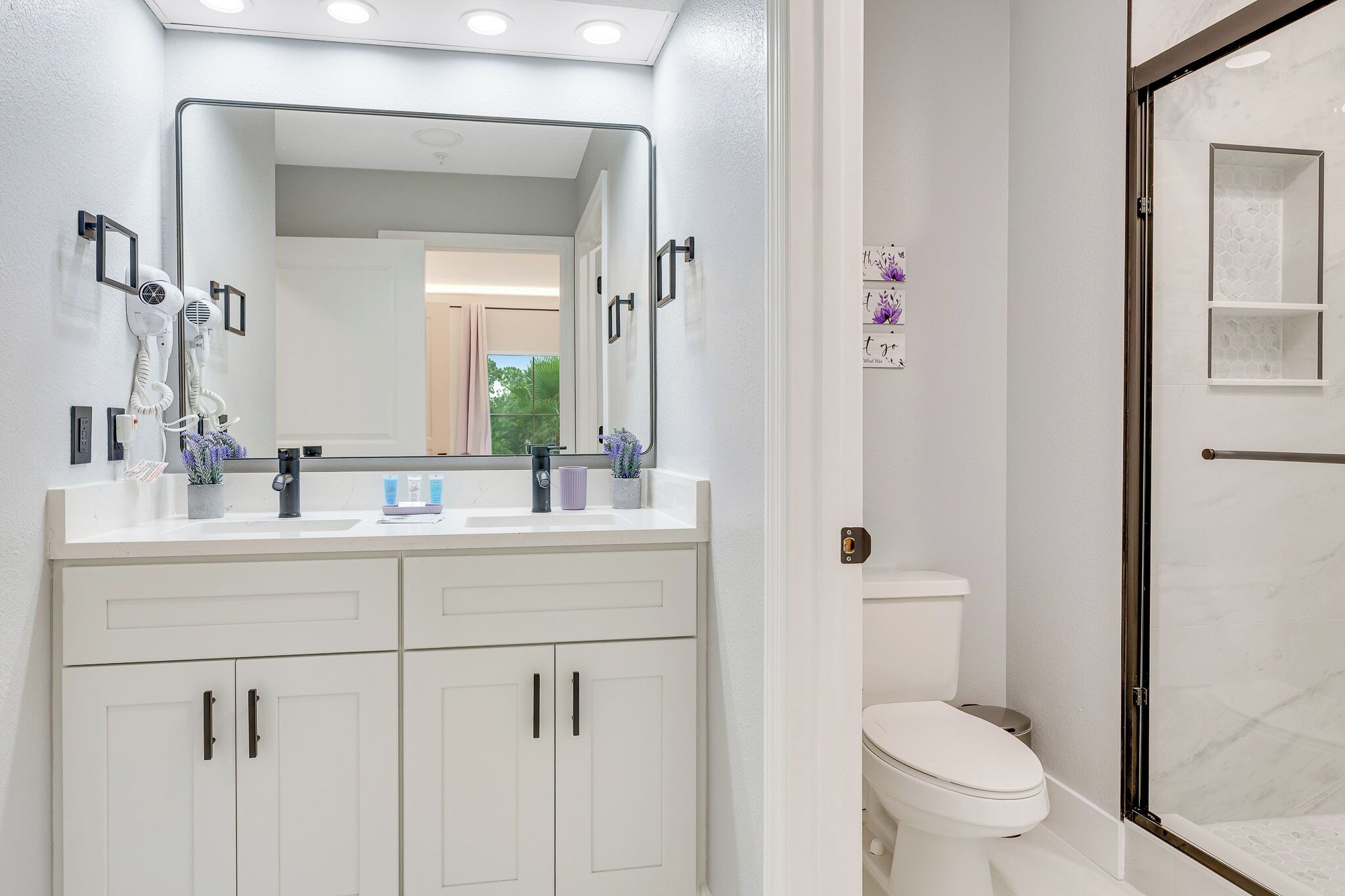 Hair dryer, towels, soap, toilet paper