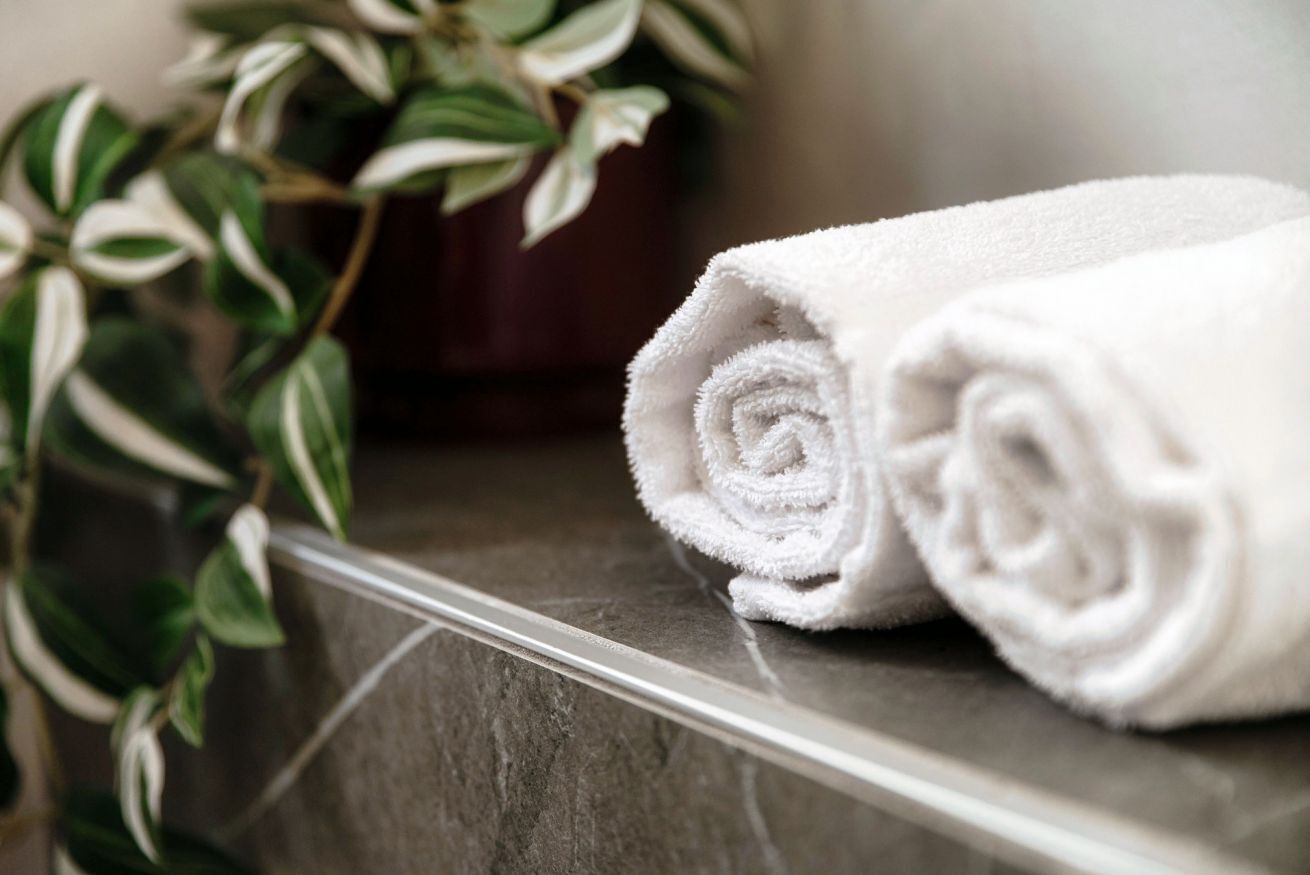 A rolled white towel on a metallic surface with a plant in the background.