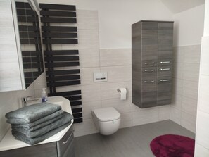 Hair dryer, towels, soap, toilet paper