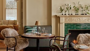 A dining area with a round table, chairs, a fireplace, and a variety of plants.