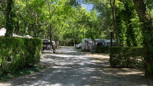 A campground with RVs, bicycles, and a paved path surrounded by trees. - Mobile Home 'Confort B - 1-5 Persons' with Shared Pool, Private Terrace and Communal Garden (Lavilledieu)