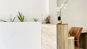 A modern reception area with a wooden reception desk, a brown leather chair, and various potted plants.