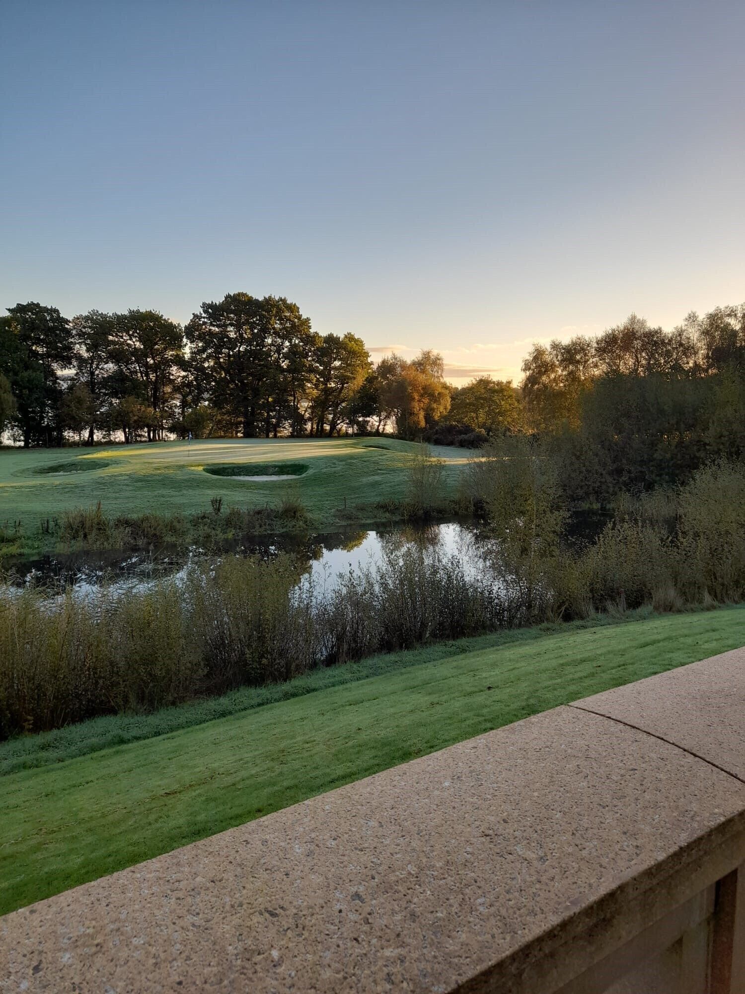 A view of a golf course with a pond, trees, and a clear sky.
